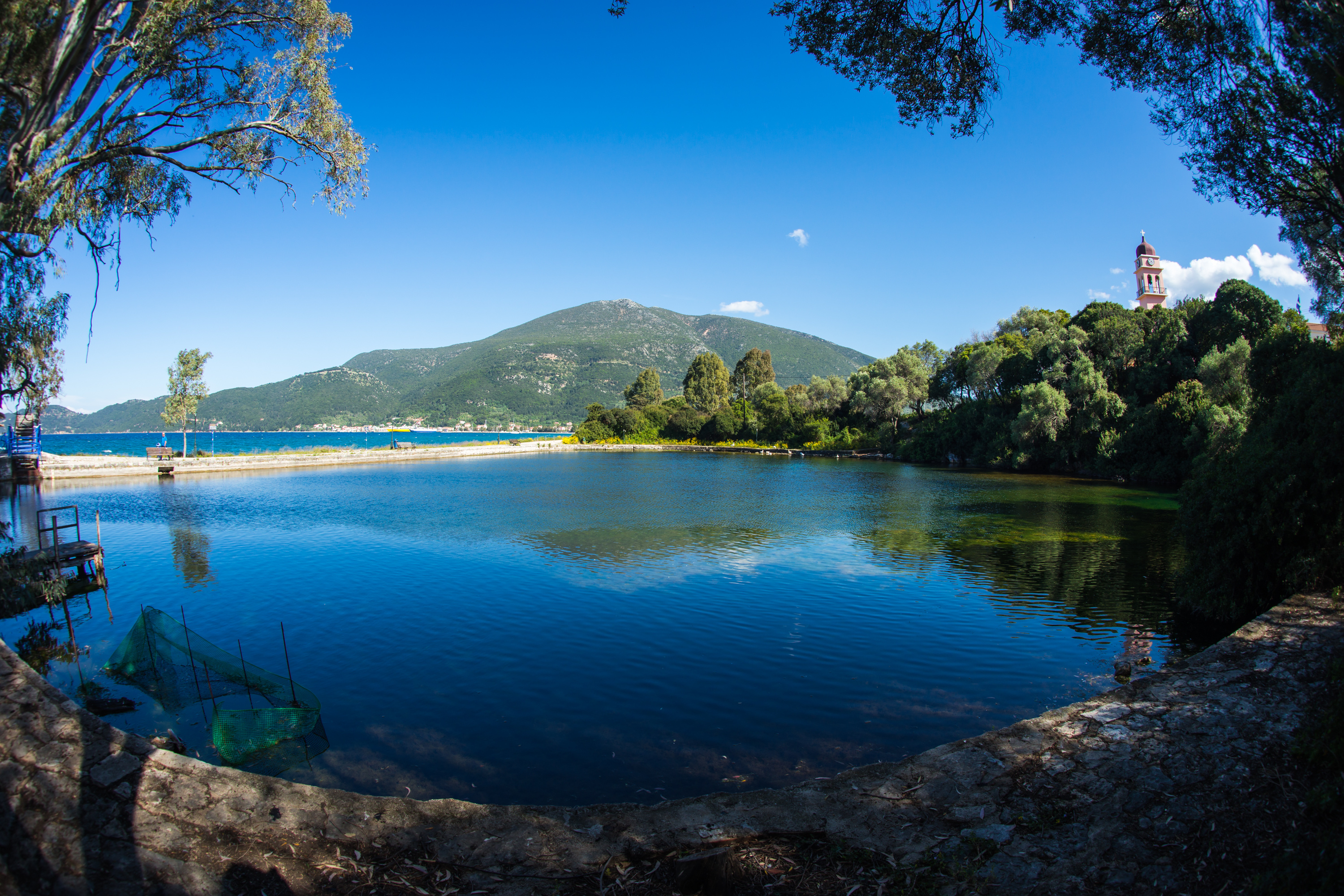 Karavomilos lake, beach and views of hills, Kefalonia, Greek Islands