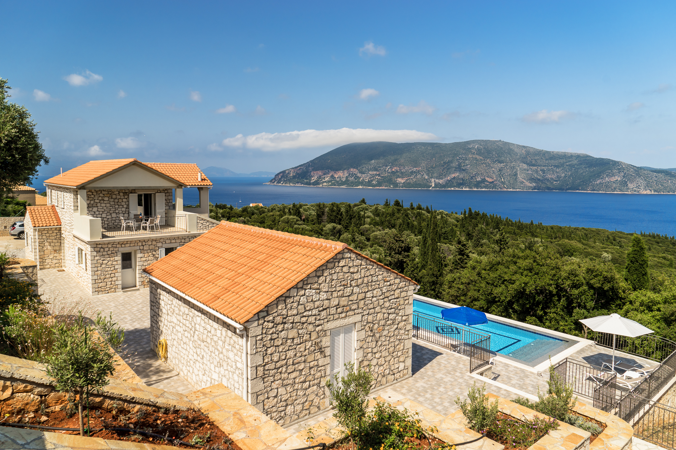 Aerial shot of breathtaking views from rear of villa at Villa Gionis Fiscardo, Kefalonia, Greek Islands