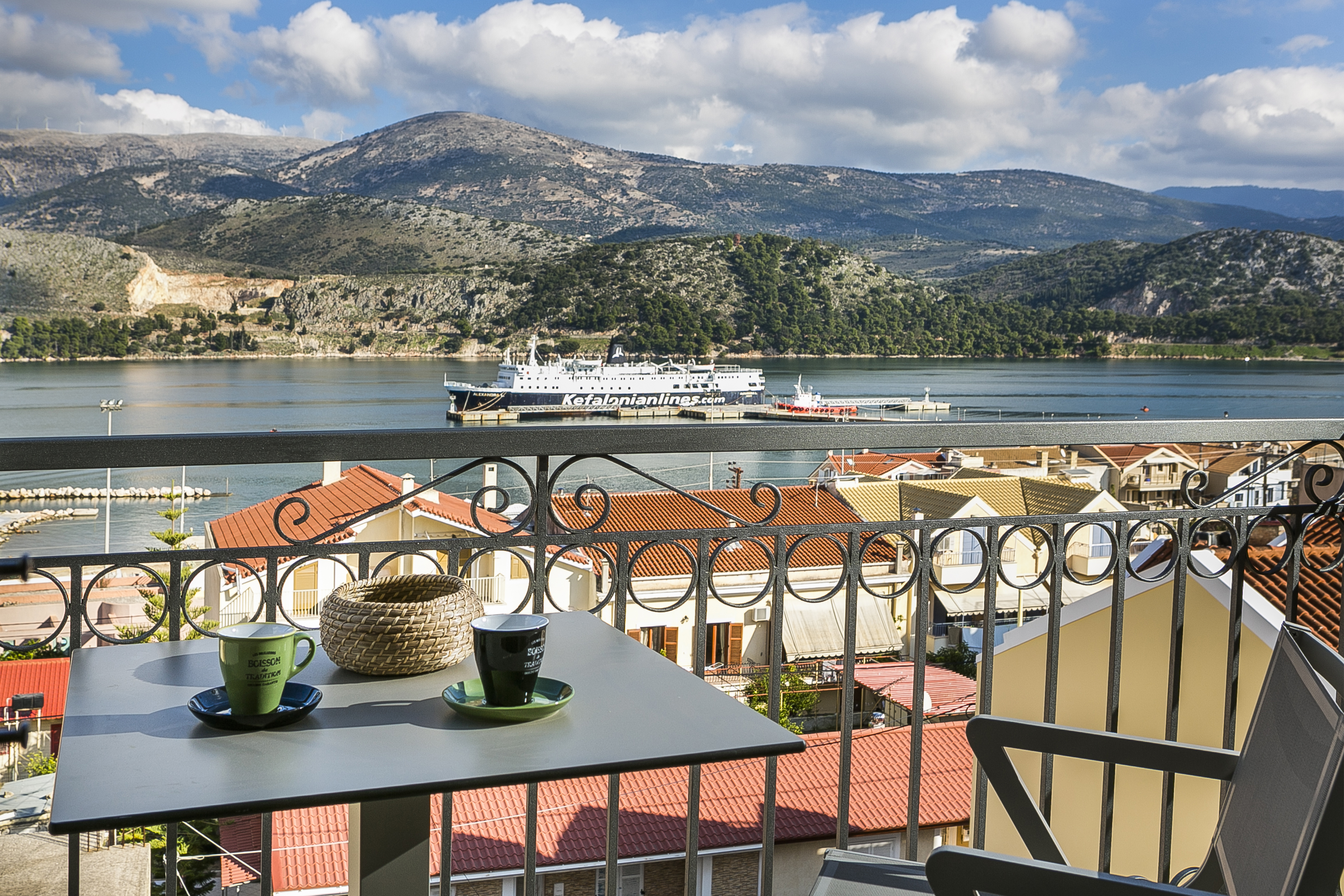 Start the day with morning coffee enjoying the views from Marina Penthouse Apartment, Argostoli, Kefalonia, Greek Islands
