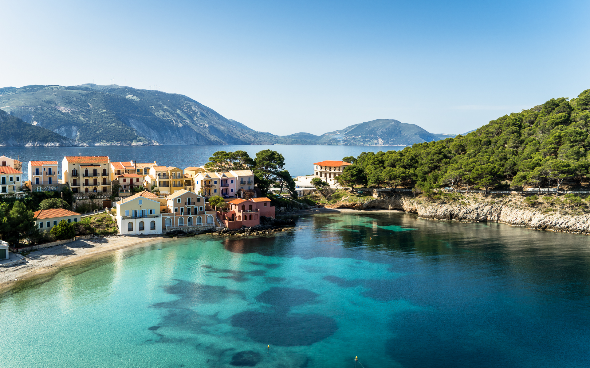 Looking down onto the land bridge that joins Assos and the Venetian fort, Kefalonia, Greek Islands